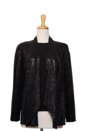  Two Piece Black Mini Sequins Slinky Shawl Collar Set