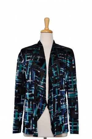 Black, Blue and Aqua Abstract Cut Velvet Shawl Collar Jacket