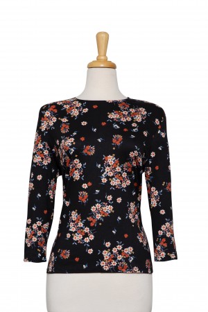 Black, Pumpkin, and Ivory Floral Cotton 3/4 Sleeve Top 