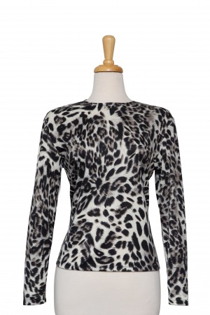 Black and Grey Leopard Print Long Sleeve Ponte Knit Top