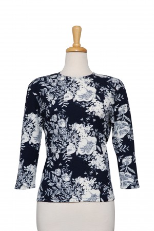 Navy and White Floral Textured 3/4 Sleeve Top