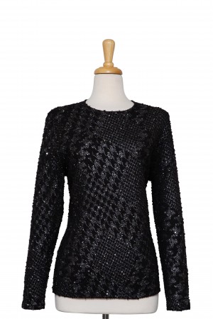 Plus Size Black and Silver Metallic With Dispersed Sequins Boucle Knit Long Sleeve Top
