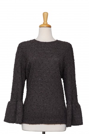 Grey Boucle Knit With Dispersed Sequins Bell Sleeve Top