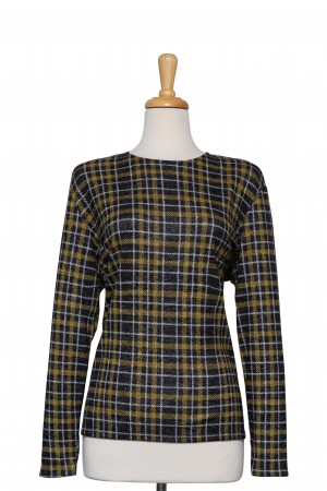Charcoal Grey and Mustard Plaid Long Sleeve Knit Top