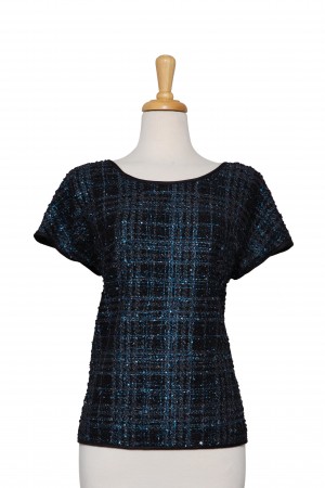 Plus Size Blue and Black Metallic Knit, Solid Black Ponte Knit Back, Short Sleeve Top