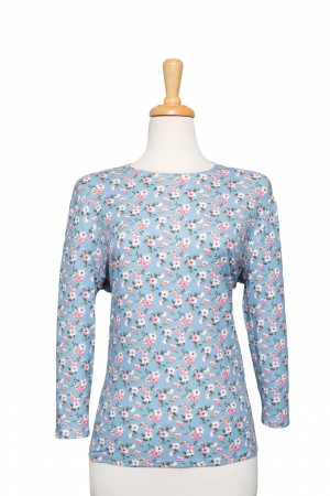 Smoked Blue and Pink Mini Floral Cotton 3/4 Sleeve Top 