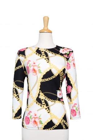 Plus Size Black and Yellow Chains Floral Cotton 3/4 Sleeve Top 