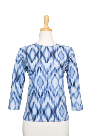 Shades of Blue and White Muted Zig Zag Cotton 3/4 Sleeve Top 