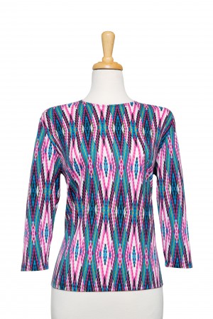 Plus Size Teal, Pink and White Electric Shock Diamonds Cotton 3/4 Sleeve Top 