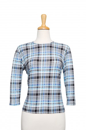 Blue, Black and White Plaid Cotton 3/4 Sleeve Top 