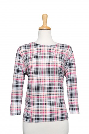Plus Size Pink, Black, and White Plaid Cotton 3/4 Sleeve Top 