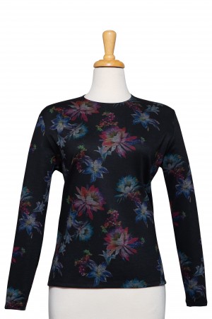 Black, Crimson and Shades of Blue Floral Ponte Knit Long Sleeve Knit Top