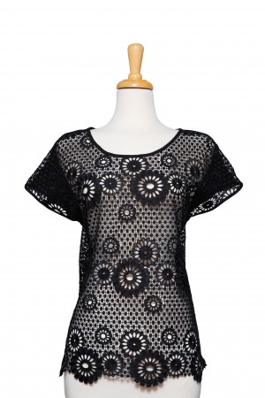Plus Size Black Floral Lace Short Sleeve Top With Solid Black Back