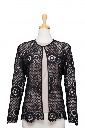 Plus Size Two Piece Black Floral Display Lace Jacket With Sand Long Sleeve Microfiber Top