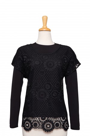 Plus Size Black Floral Lace Short Sleeve, Solid Black Back, With Black Long Sleeve Microfiber Top