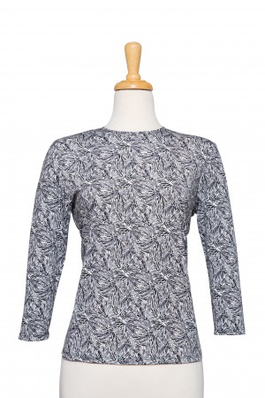 White, Black and Grey Abstract Floral Microfiber 3/4 Sleeve Top 