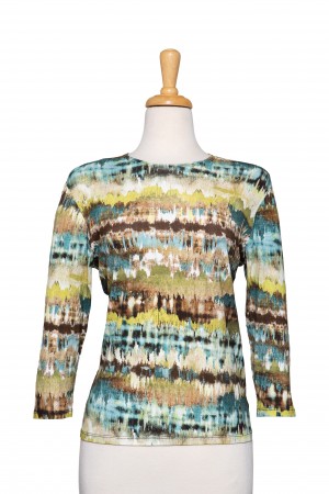 Pistachio, Brown and Teal Paintbrush  3/4 Sleeve Cotton Top 