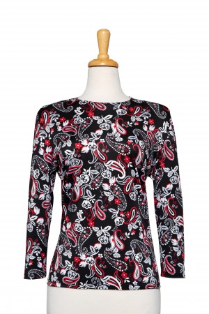 Plus Size Black, Red and White Paisley Textured Print Microfiber 3/4 Sleeve Top 