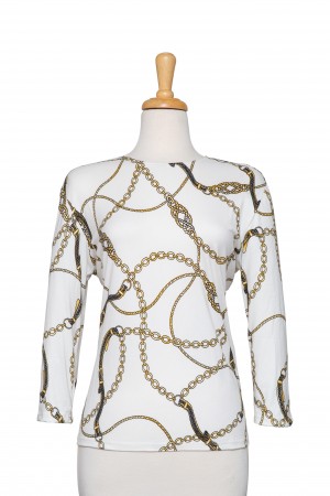 Ivory, Black and Gold Chains 3/4 Sleeve Cotton Top 