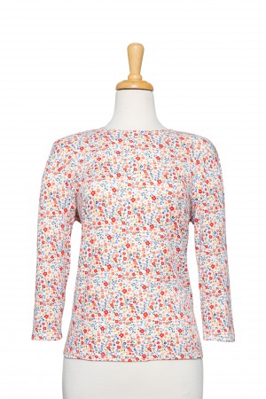 Poppy, Melon and White Mini Floral 3/4 Sleeve Cotton Top 