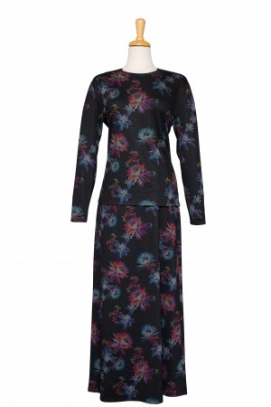 2 Pc. Black, Crimson and Shades of Blue Floral Ponte Knit Long Sleeve Top With Long Skirt