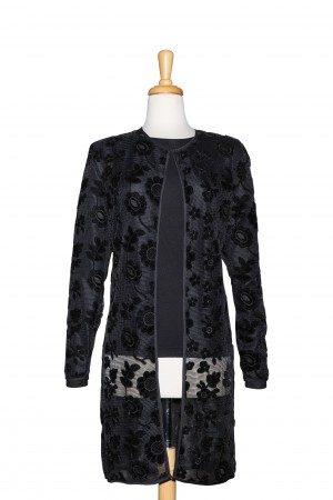 Plus Size Two Piece Black Floral Velvet Applique 3/4 Length Lace Jacket With Black Long Sleeve Top