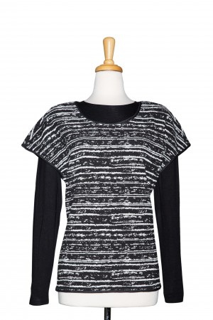 Black  and White Tweed Knit, With Black Long Sleeve Microfiber Top