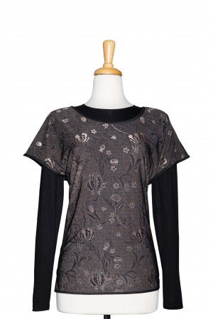 Plus Size Black and Tan Floral Microfiber Short Sleeve, Solid Black Back, With Black Long Sleeve Microfiber Top