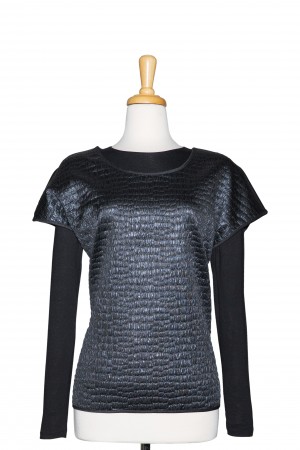 Plus Size Black Quilted and Solid Ponte Knit Back Short Sleeve With Black Long Sleeve Microfiber Top