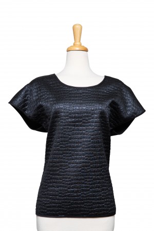 Plus Size Black Quilted, Solid Black Ponte Knit Back Short Sleeve Top