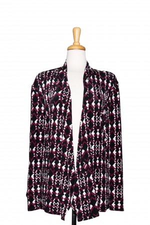 Plus Size Burgundy, Black and White Geometric Slinky Shawl Collar Jacket