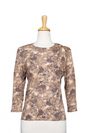 Plus Size Tan and Ivory Paisley Cotton 3/4 Sleeve Top 