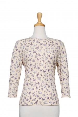Cream and Purple Ribbed Mini Floral Cotton 3/4 Sleeve Top 