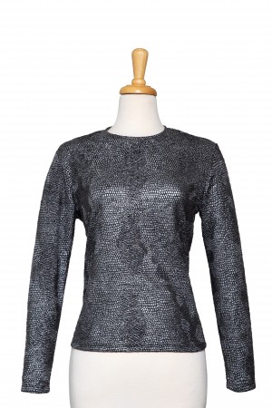 Plus Size Black and Silver Foil Snakeskin Pattern Textured Long Sleeve Top