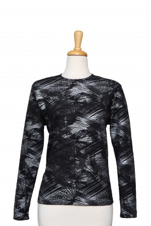 Plus Size Black and Silver Foil Web Design Crinkled Long Sleeve Top