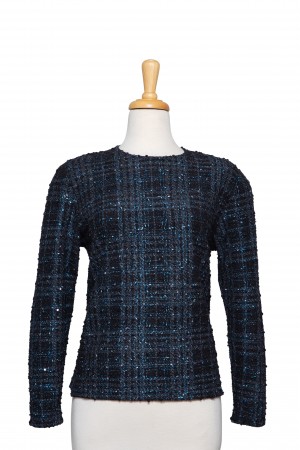 Black and Blue Metallic with Dispersed Sequins Boucle Knit Long Sleeve  Top