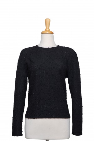 Black Boucle Knit With Dispersed Sequins Long Sleeve Top