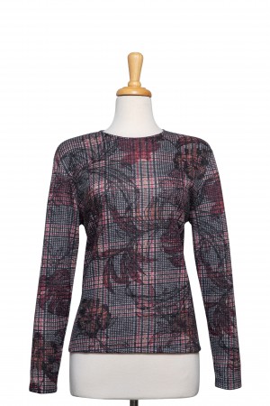 Coral and Black Plaid Floral Long Sleeve Knit Top