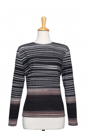 Plus Size Black, Mocha and Grey Striped Textured Long Sleeve Top