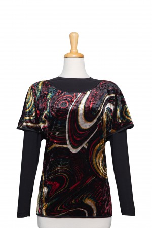 Plus Size Multi Color Graffiti Velvet Short Sleeve, With Black Long Sleeve Microfiber Top