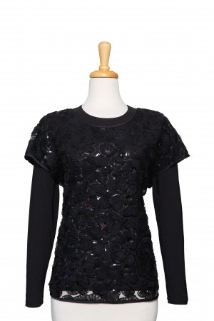 Black Organza Floral Sequins Lace Short Sleeve With Black Long Sleeve Microfiber Top