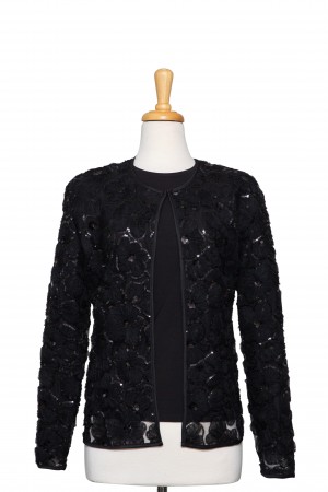 Two Piece Black Organza Floral Sequins Lace Jacket With Black Microfiber Long Sleeve Top