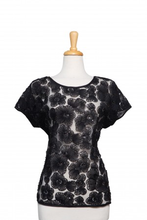 Black Organza Floral Sequins Lace Short Sleeve Top