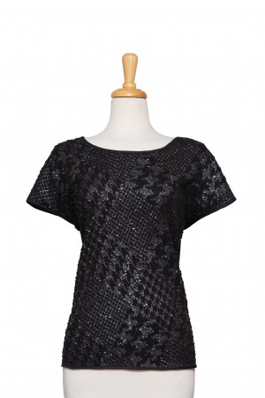 Black and Silver Metallic Boucle Knit Short Sleeve Top