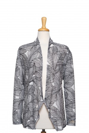 Plus Size White and Black Leaves Textured Shawl Collar Jacket