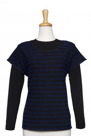Plus Size Black and Blue Metallic Short Sleeve With Long Sleeve Microfiber Top
