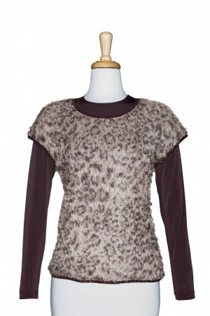 Plus Size Beige and Brown Animal Fur Short Sleeve With Long Sleeve Microfiber Top