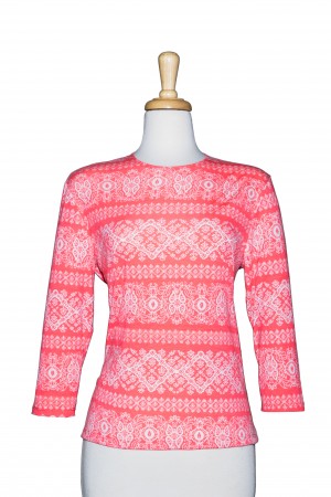 Coral and White Diamonds 3/4 Sleeve  Cotton Top 