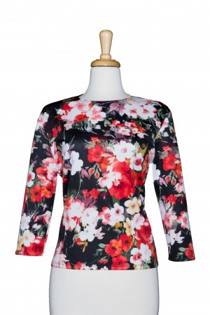 Black Red and White Floral Light Scuba Knit 3/4 Sleeve Top 