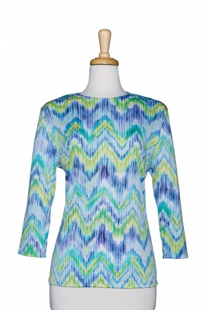 Plus Size Shades Of Blue and Yellow Zig Zag Microfiber 3/4 Sleeve Top 